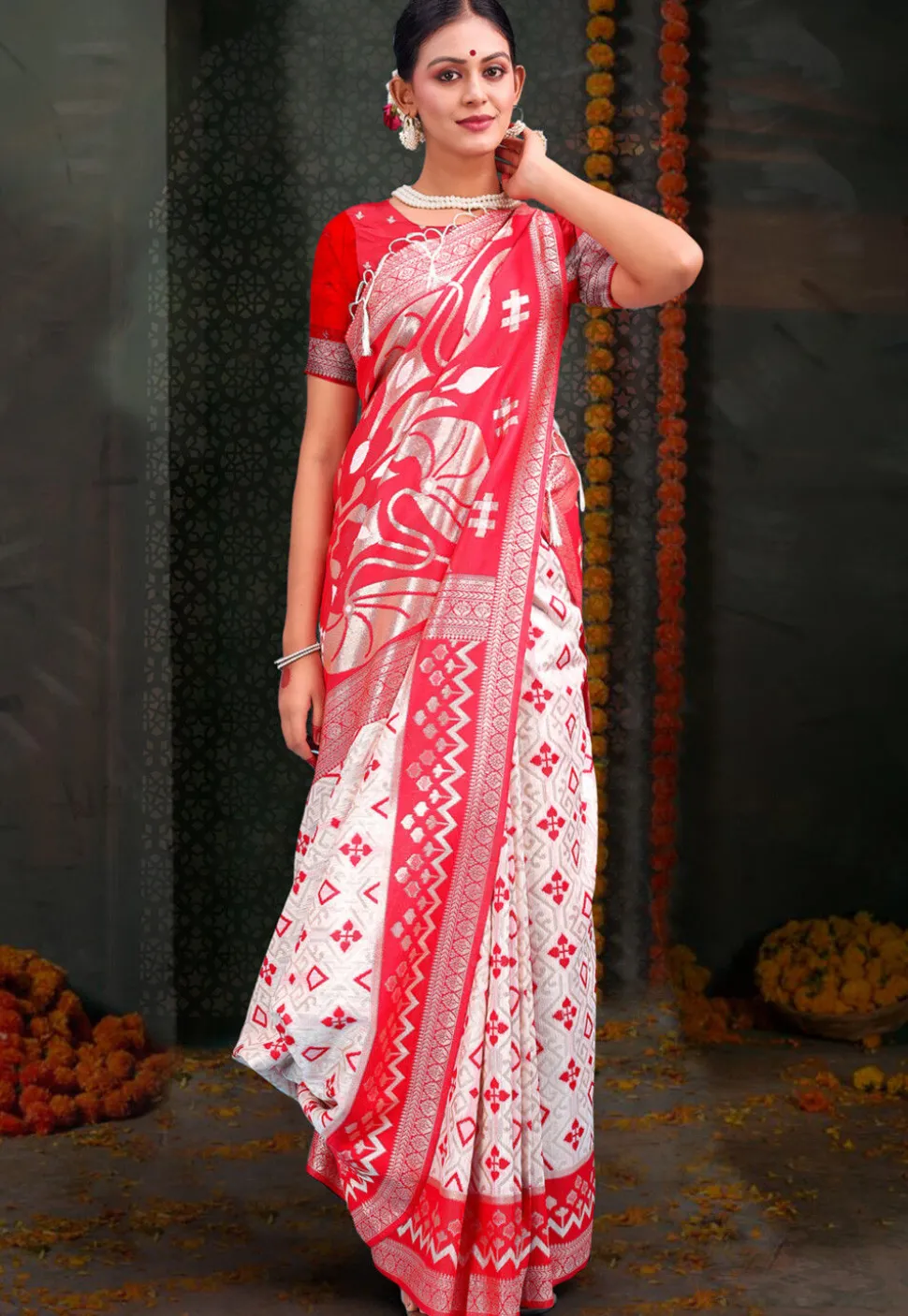 Woven Linen Cotton Saree in White
