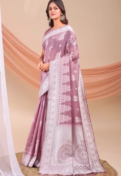 Woven Linen Cotton Saree in Purple