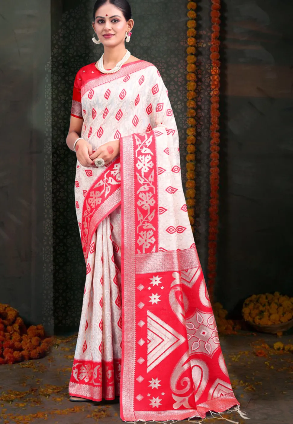 Woven Linen Cotton Saree in White