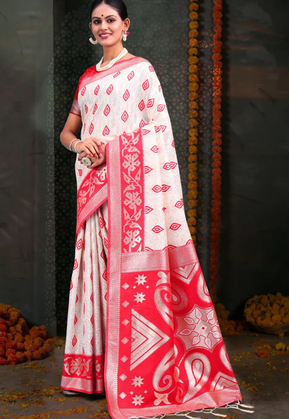 Woven Linen Cotton Saree in White