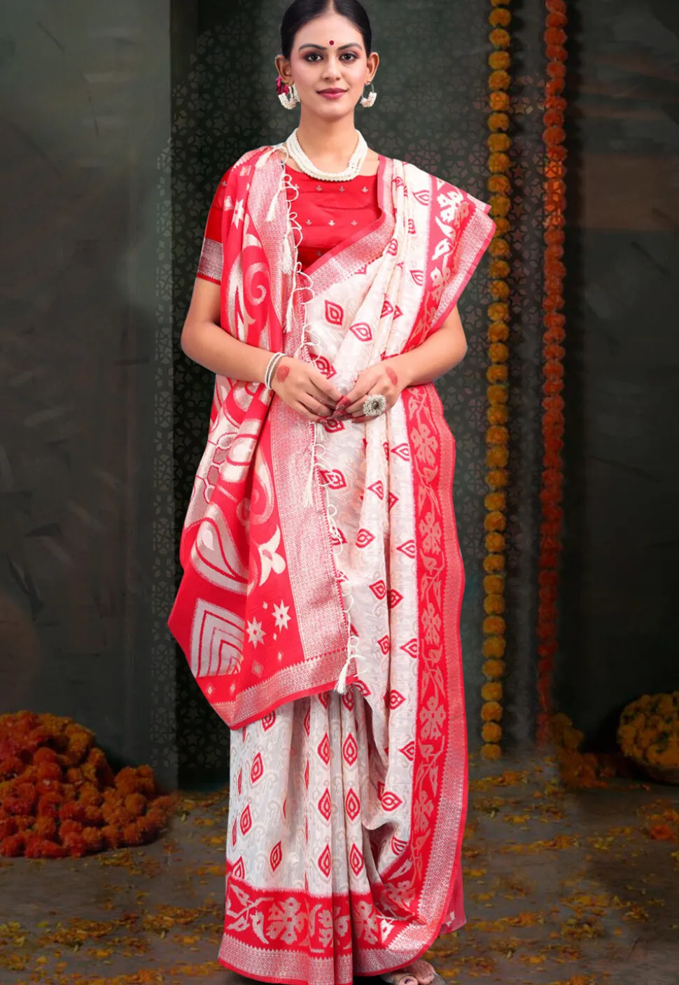 Woven Linen Cotton Saree in White