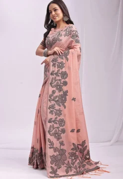 Woven Linen Cotton Saree in Peach