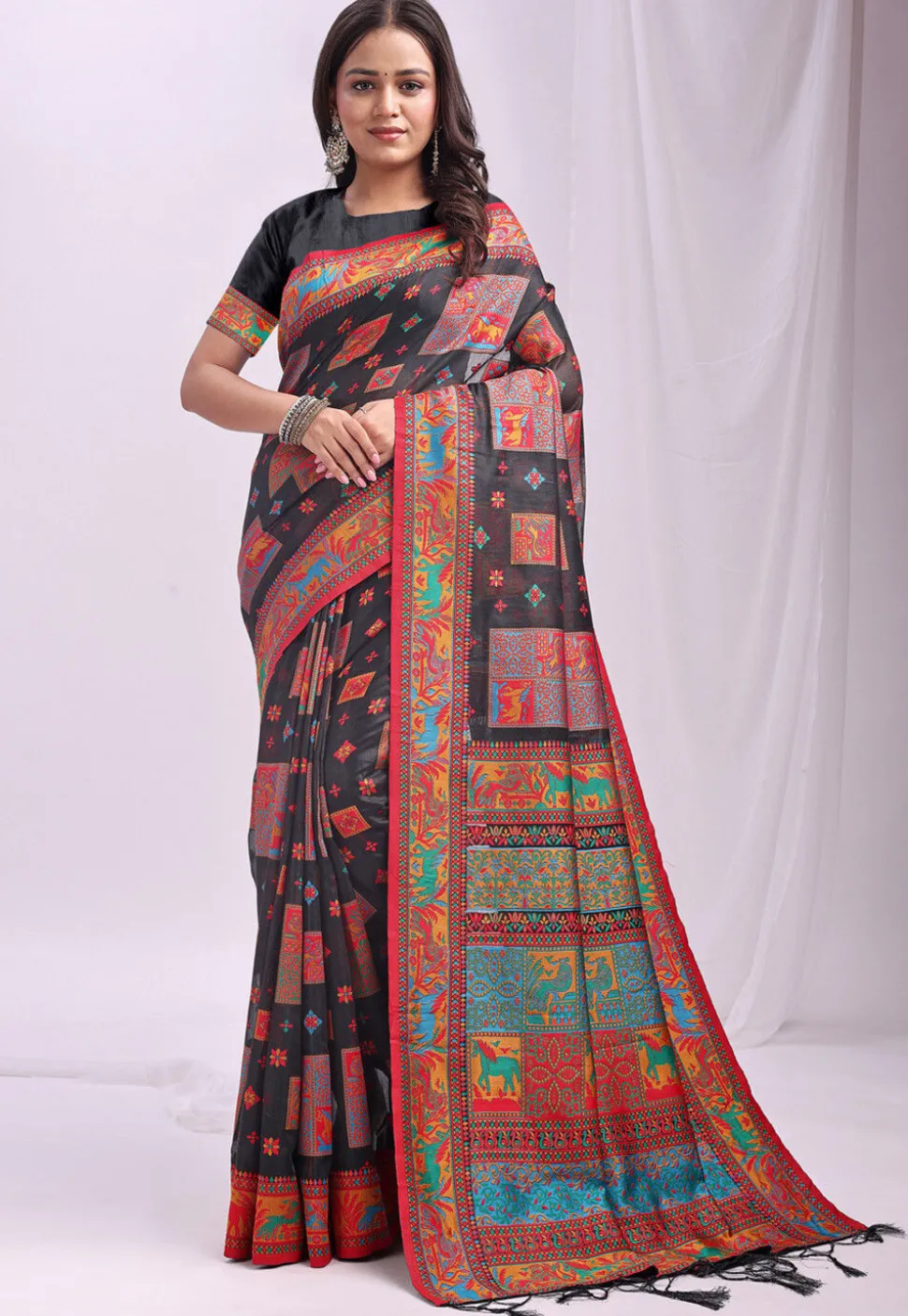 Woven Linen Cotton Saree in Black