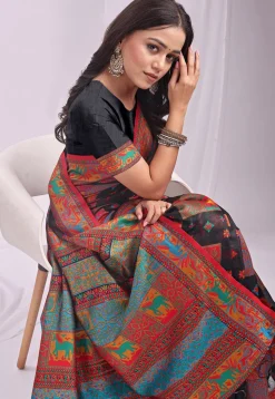 Woven Linen Cotton Saree in Black