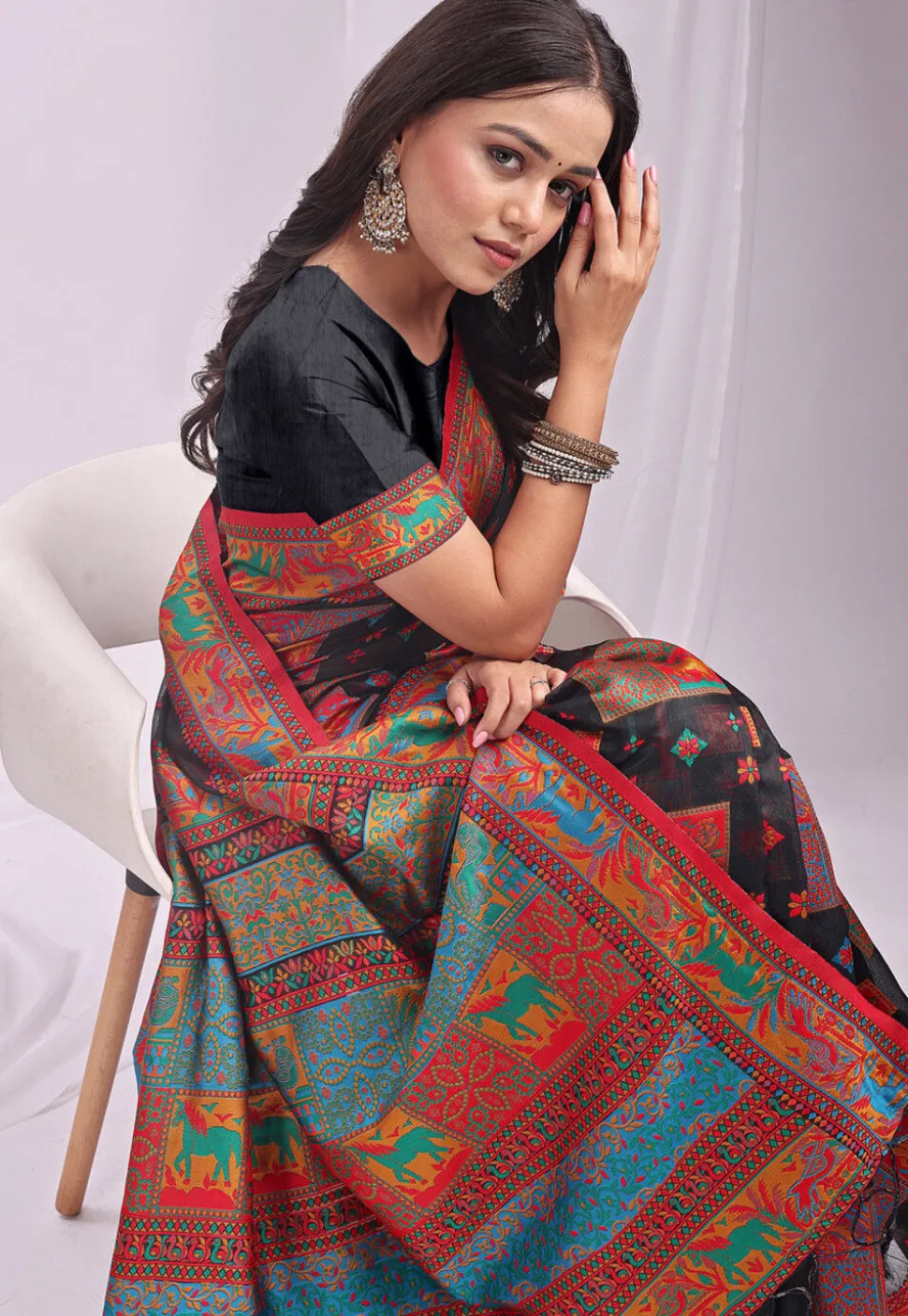 Woven Linen Cotton Saree in Black