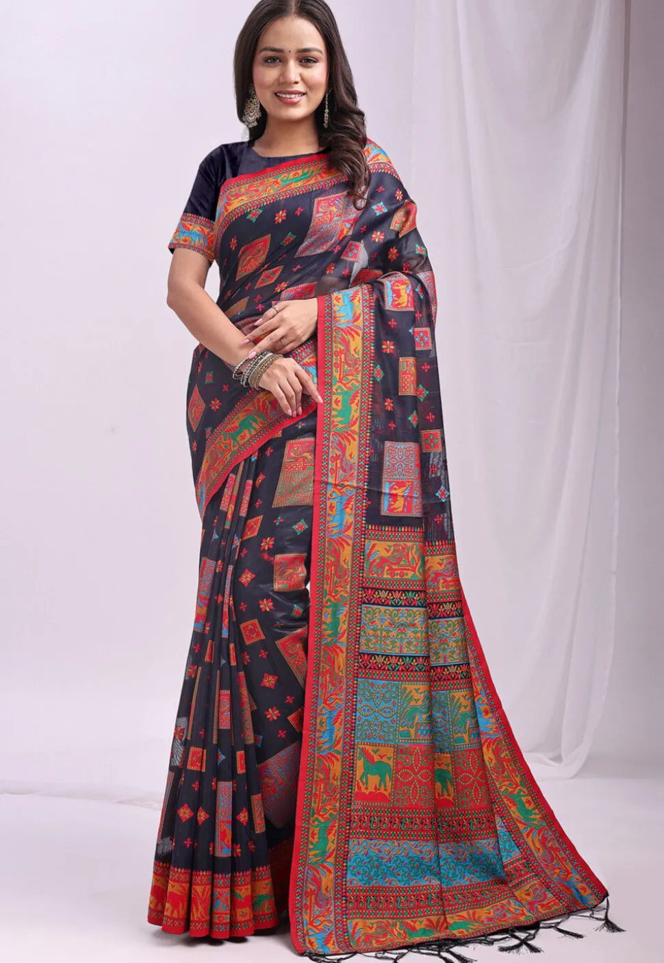 Woven Linen Cotton Saree in Navy Blue
