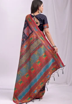 Woven Linen Cotton Saree in Navy Blue