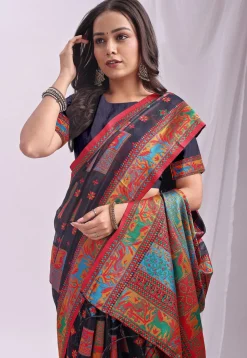 Woven Linen Cotton Saree in Navy Blue