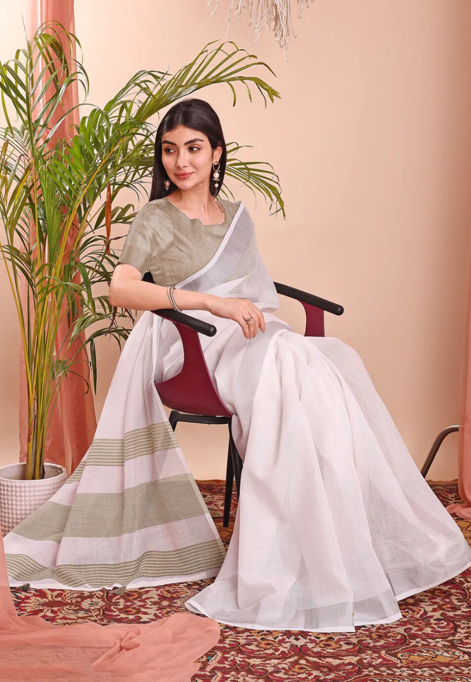 Woven Linen Cotton Saree in Off White