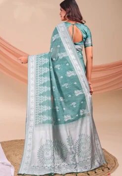 Woven Linen Cotton Saree in Light Teal Green
