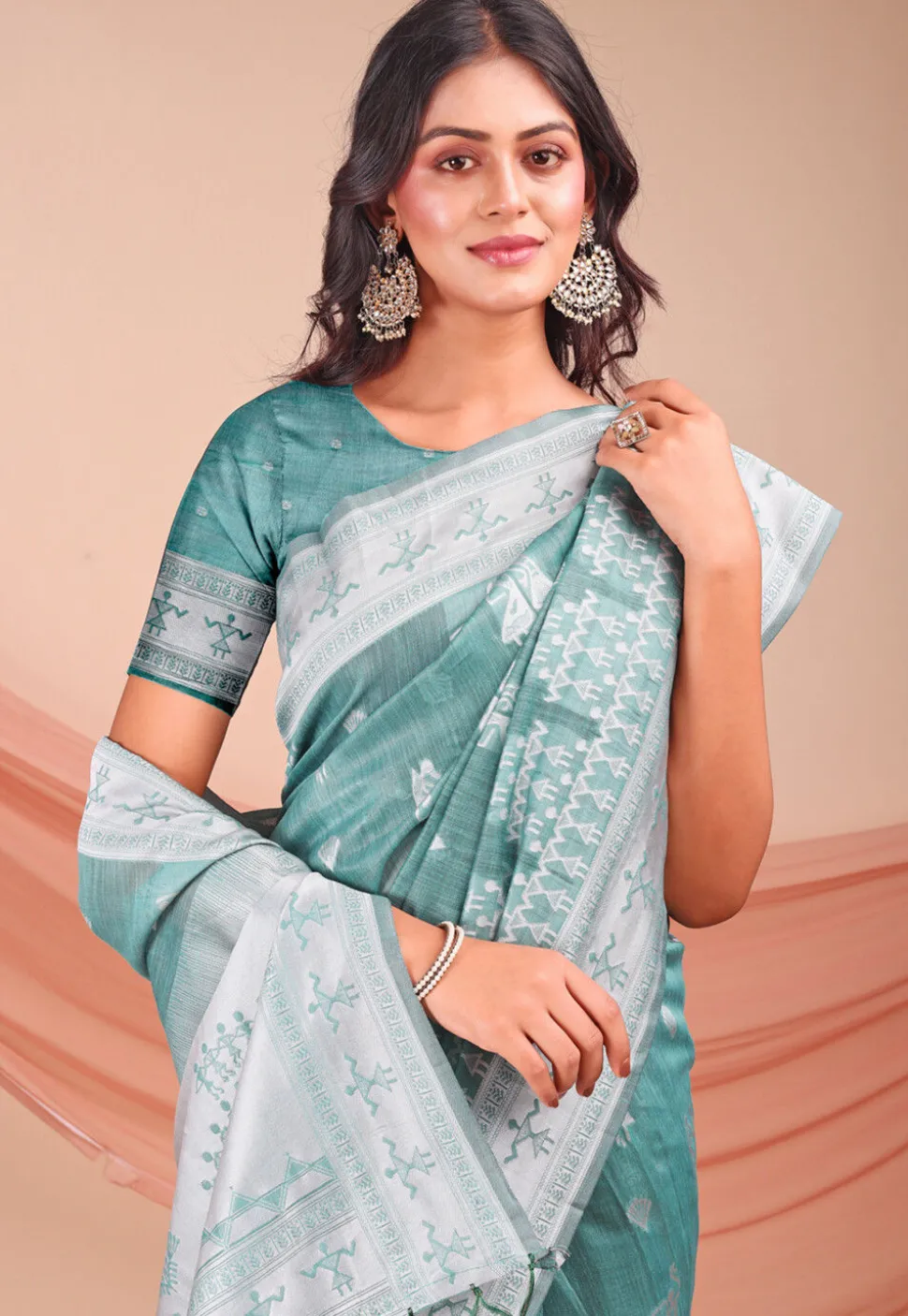 Woven Linen Cotton Saree in Light Teal Green