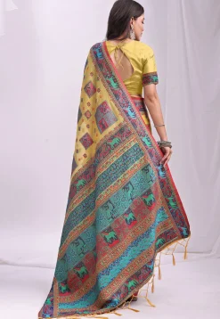 Woven Linen Cotton Saree in Yellow