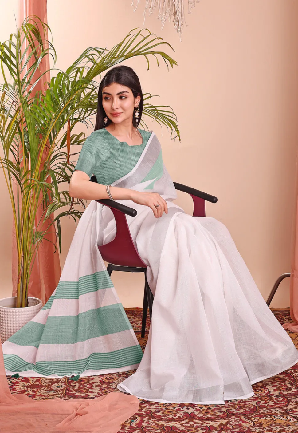 Woven Linen Cotton Saree in Off White