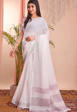 Woven Linen Cotton Saree in Off White