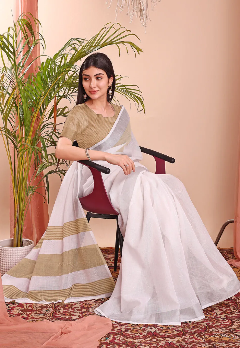 Woven Linen Cotton Saree in Off White