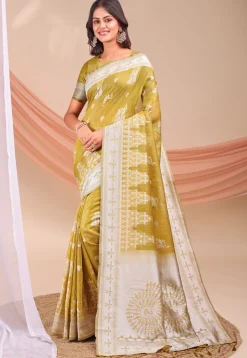 Woven Linen Cotton Saree in Olive Green