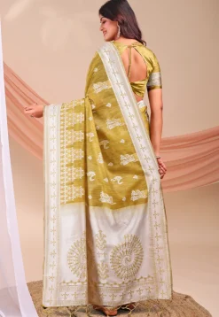 Woven Linen Cotton Saree in Olive Green