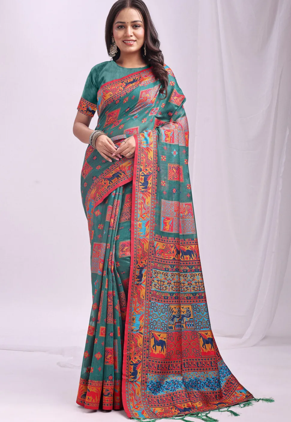 Woven Linen Cotton Saree in Teal Green