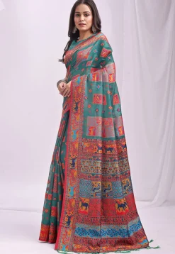 Woven Linen Cotton Saree in Teal Green