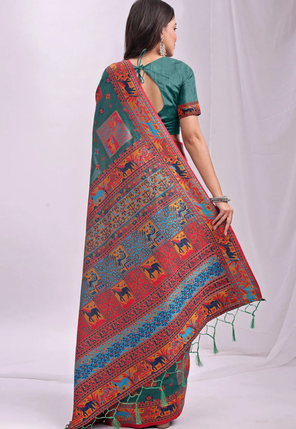 Woven Linen Cotton Saree in Teal Green
