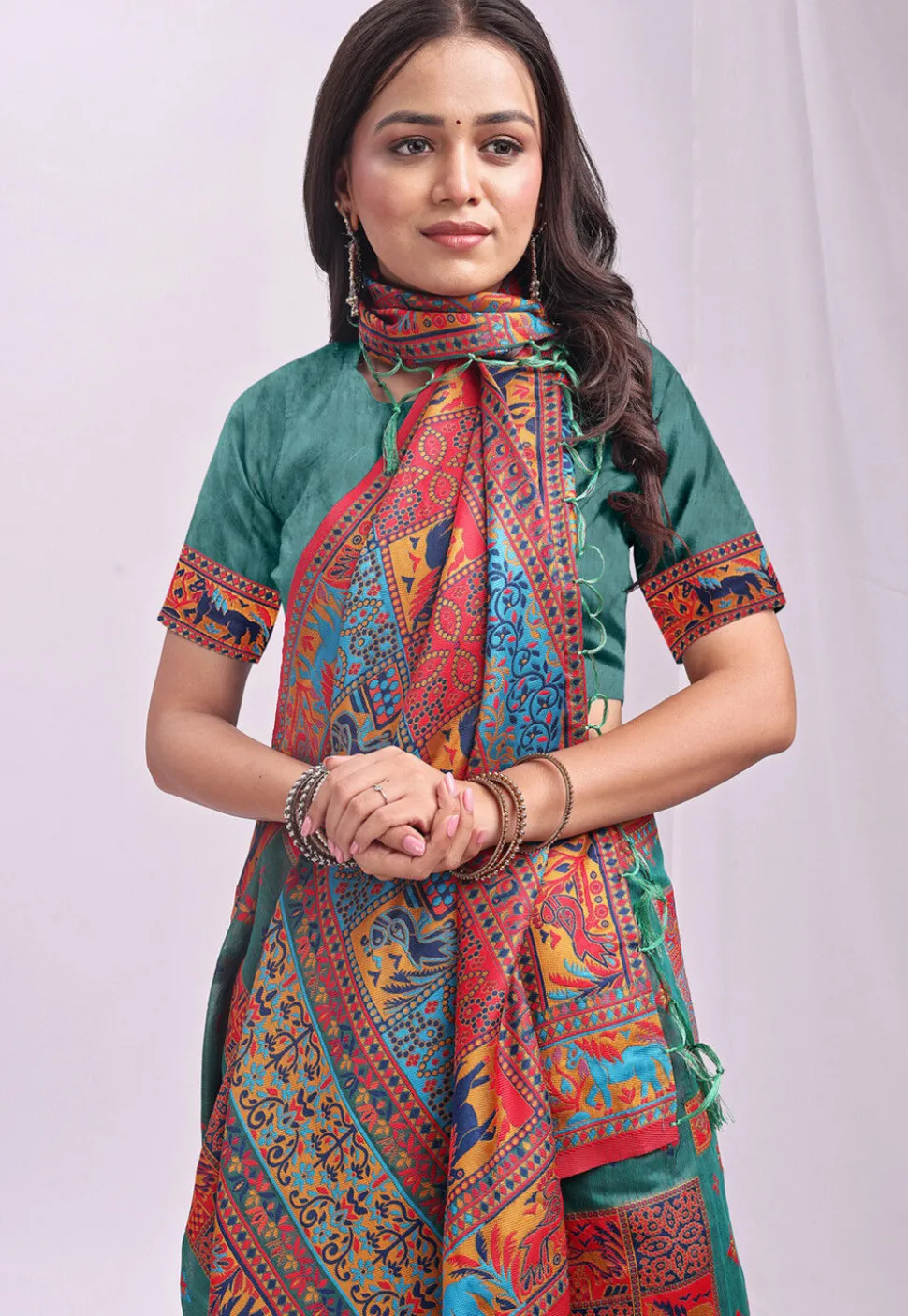 Woven Linen Cotton Saree in Teal Green
