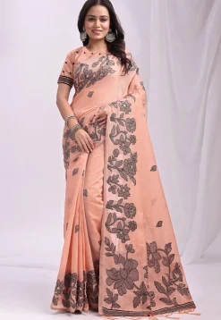 Woven Linen Cotton Saree in Pastel Orange