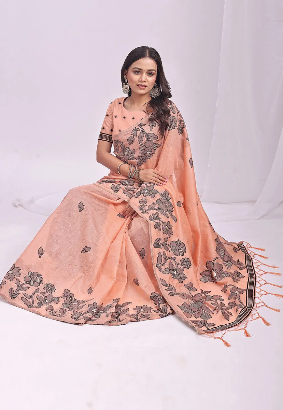 Woven Linen Cotton Saree in Pastel Orange