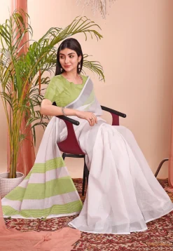 Woven Linen Cotton Saree in Off White