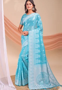 Woven Linen Cotton Saree in Blue
