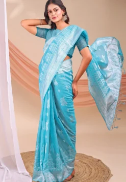 Woven Linen Cotton Saree in Blue
