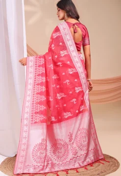 Woven Linen Cotton Saree in Pink