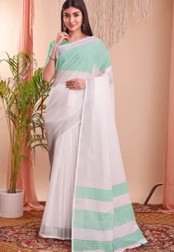 Woven Linen Cotton Saree in Off White