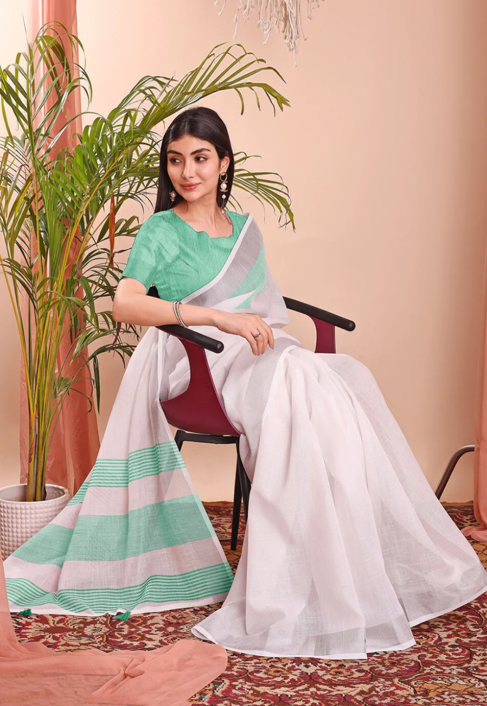 Woven Linen Cotton Saree in Off White