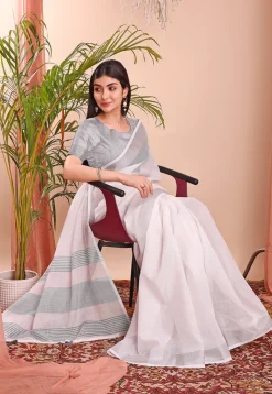 Woven Linen Cotton Saree in Off White