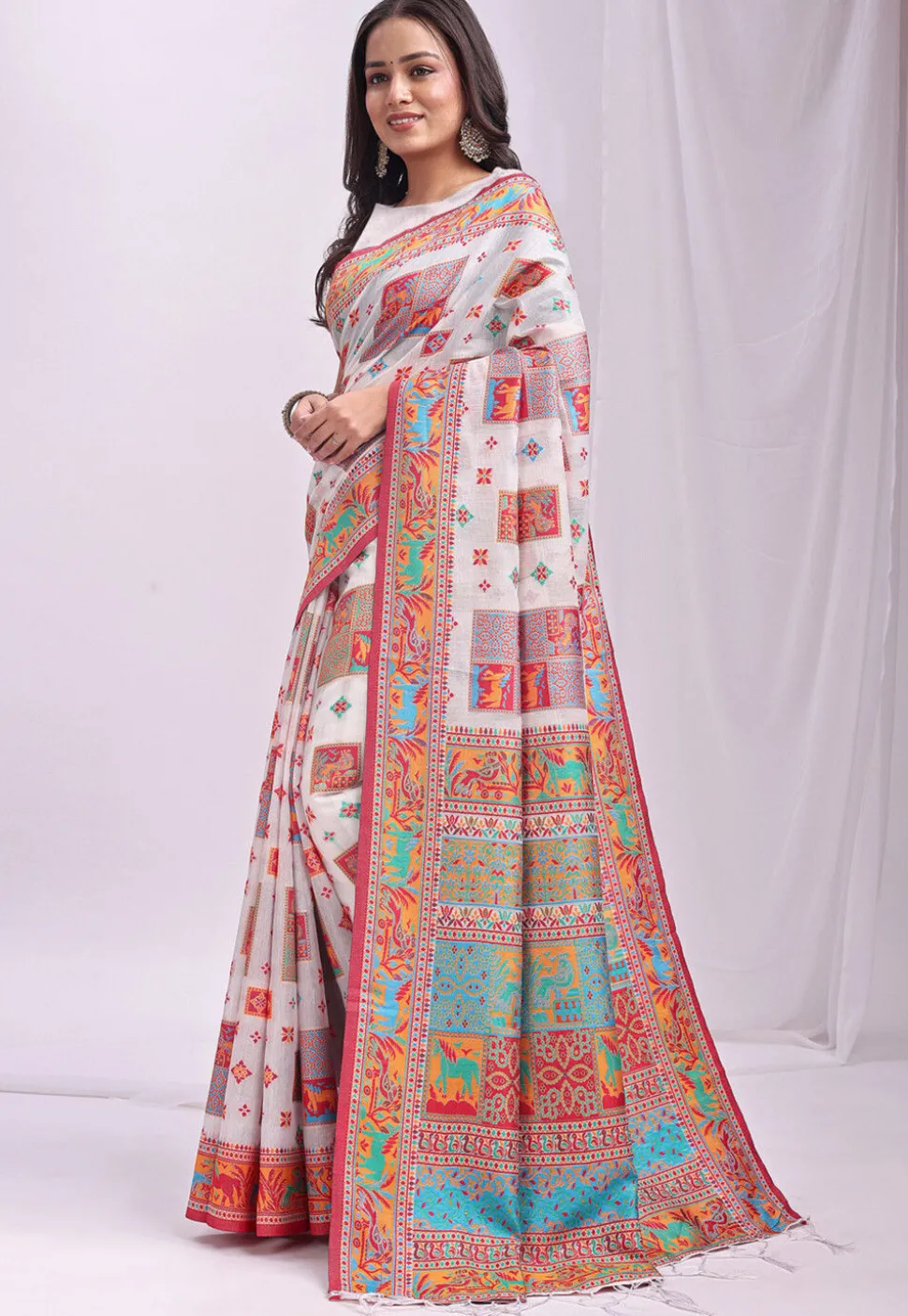 Woven Linen Cotton Saree in White