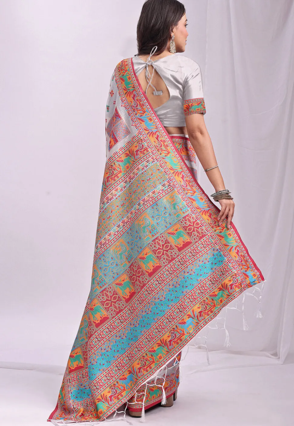Woven Linen Cotton Saree in White