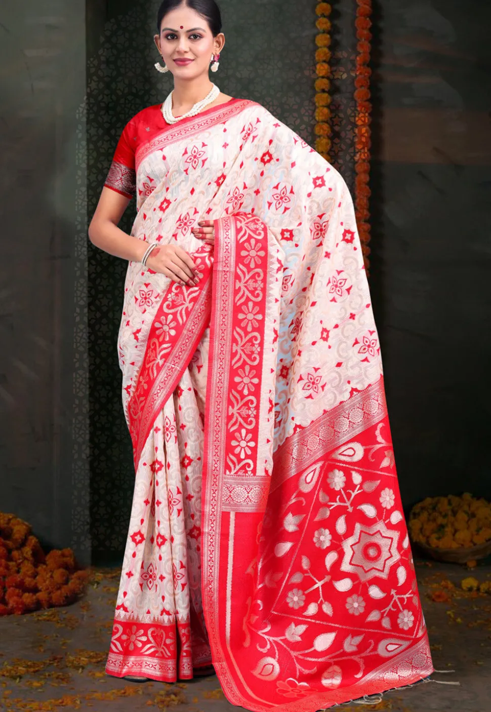 Woven Linen Cotton Saree in White