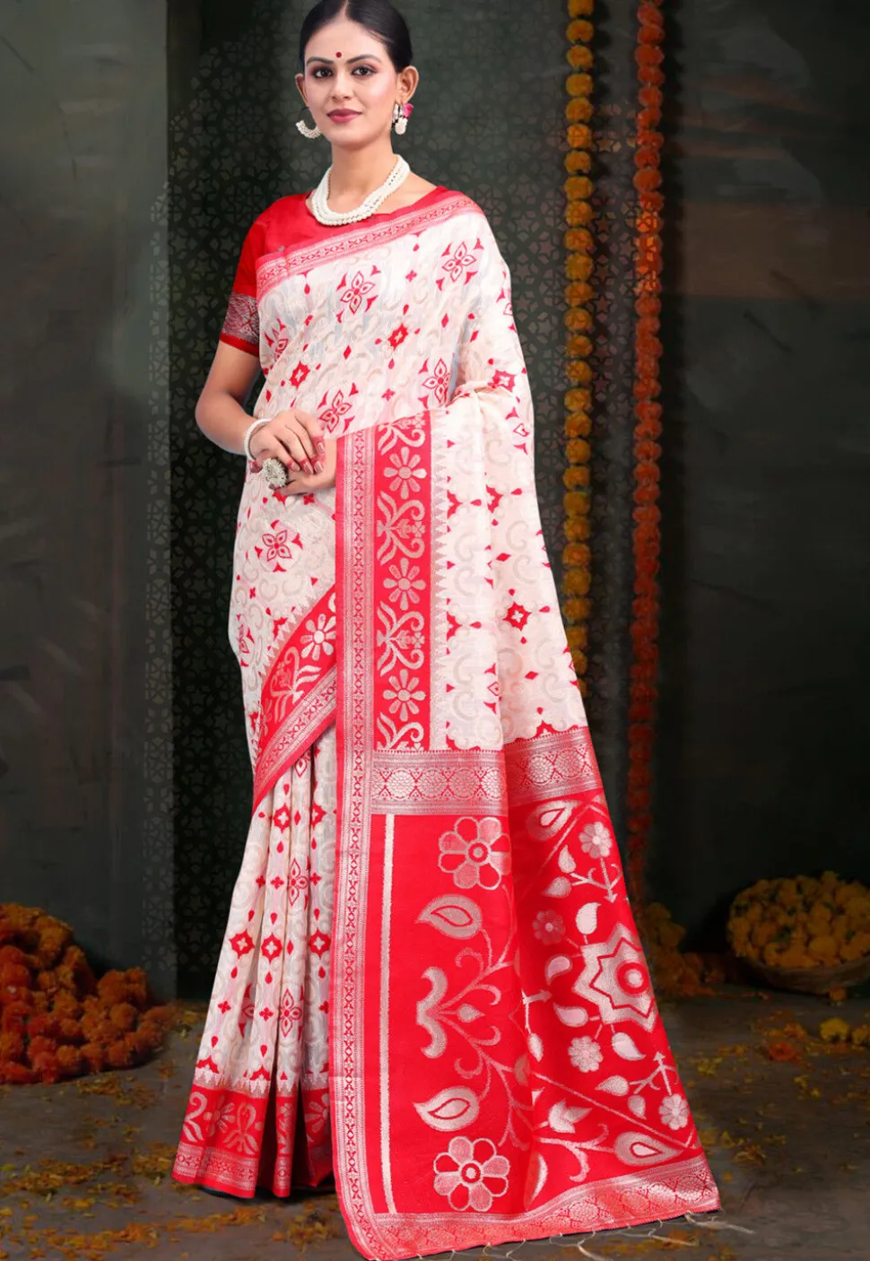 Woven Linen Cotton Saree in White