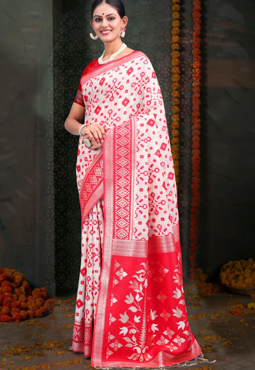 Woven Linen Cotton Saree in White