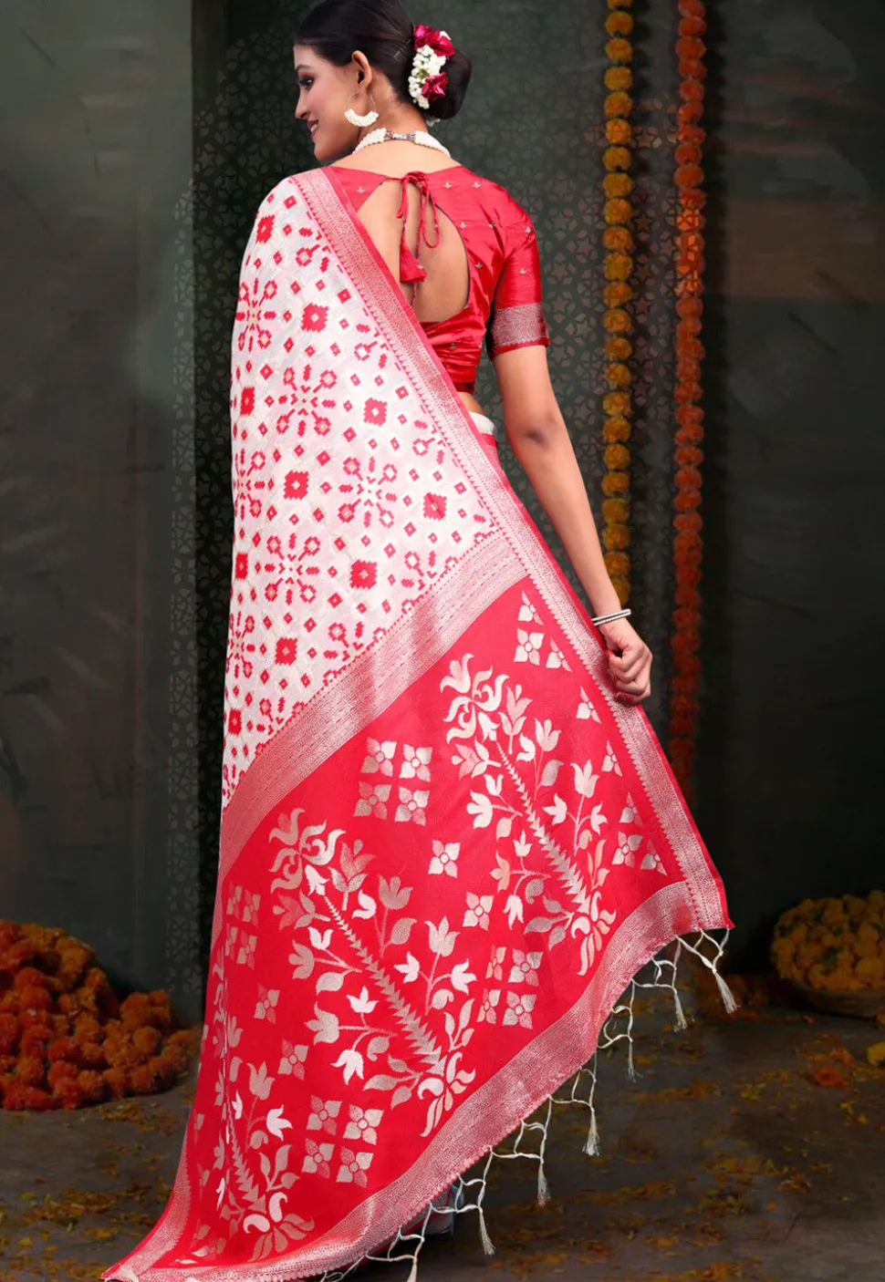 Woven Linen Cotton Saree in White