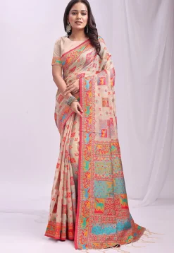 Woven Linen Cotton Saree in Light Beige