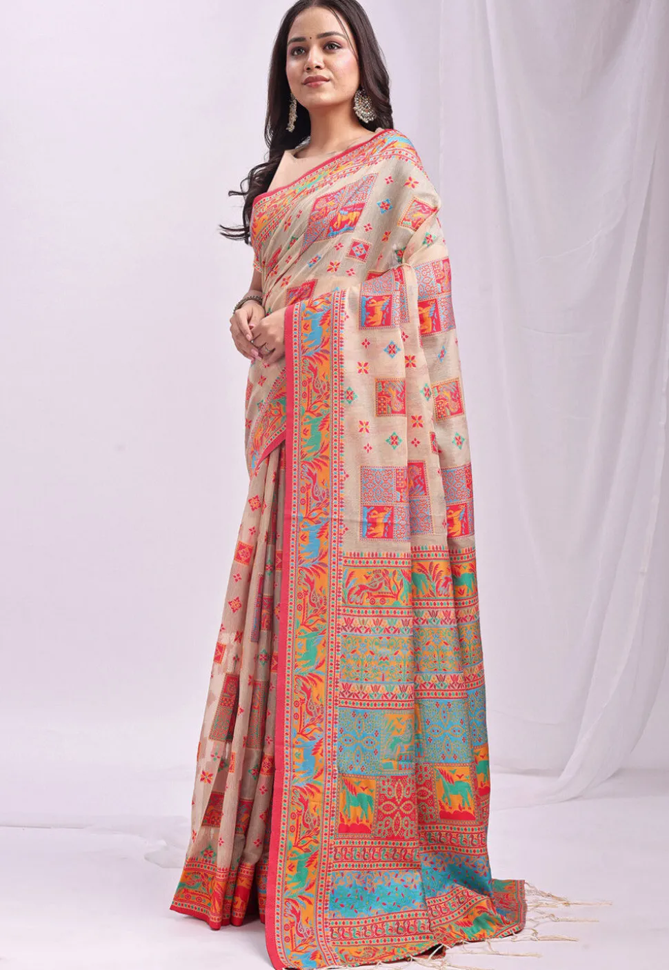 Woven Linen Cotton Saree in Light Beige
