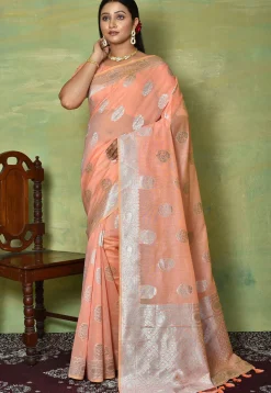 Woven Linen Cotton Saree in Peach
