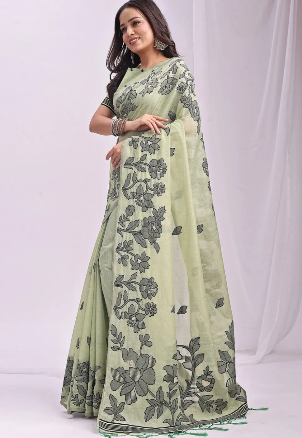 Woven Linen Cotton Saree in Light Green