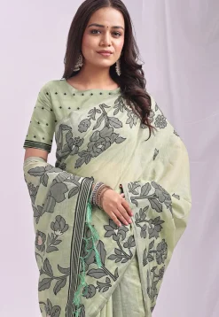 Woven Linen Cotton Saree in Light Green