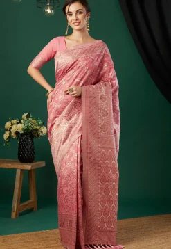 Woven Linen Saree in Pink
