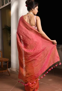 Woven Linen Saree in Red