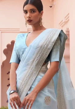 Woven Linen Saree in Sky Blue