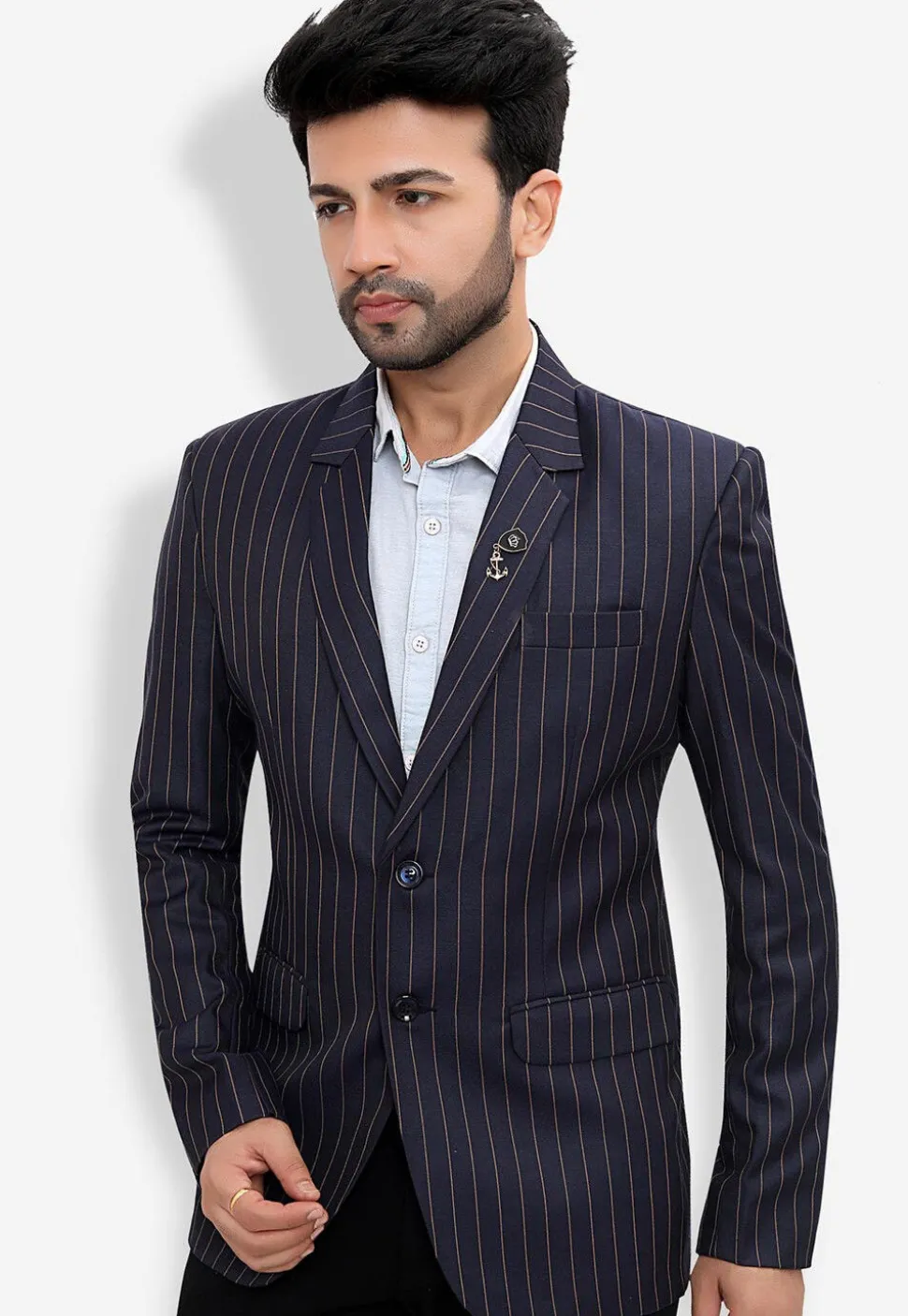 Woven Linen Silk Blazer in Blue and Golden