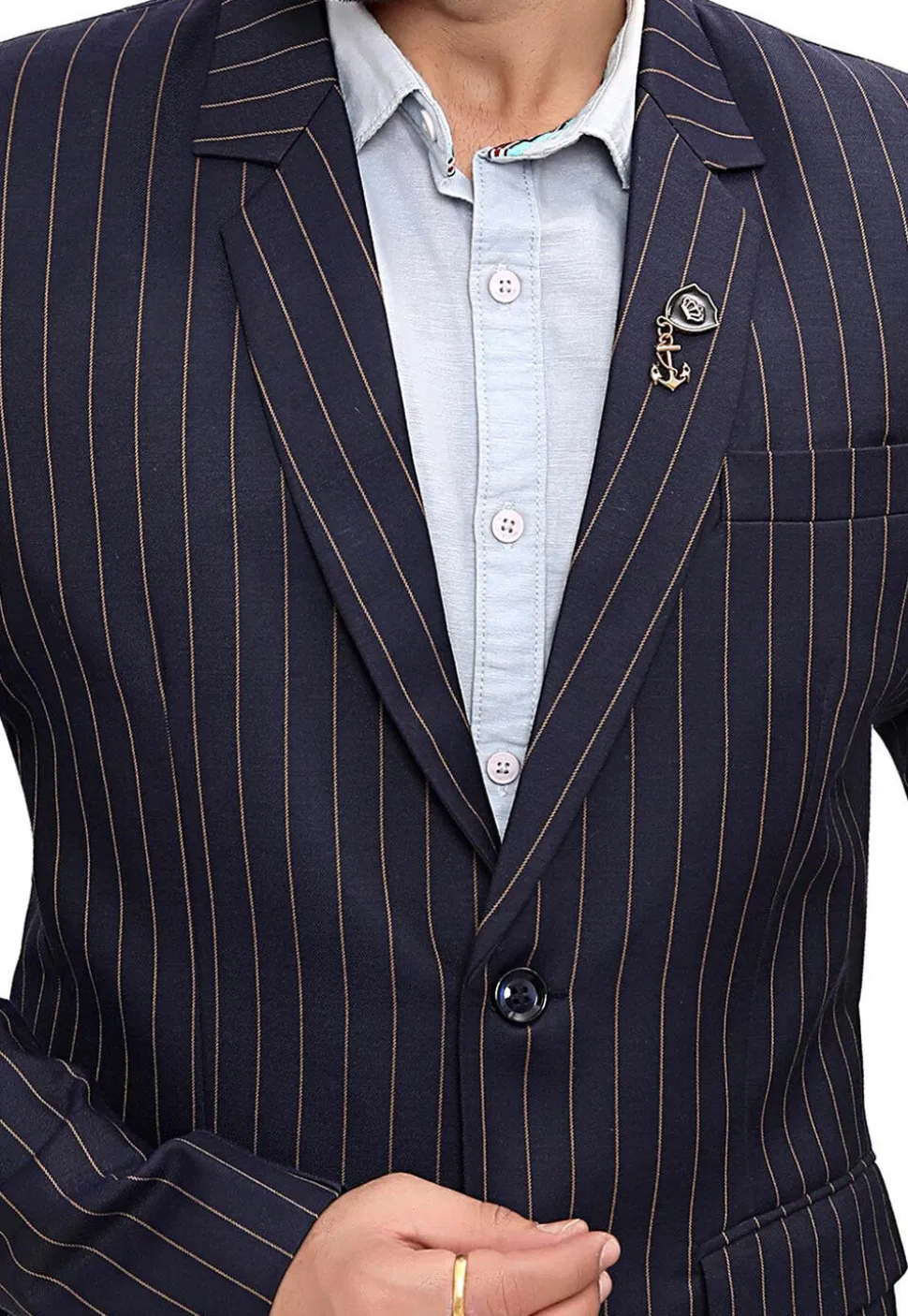 Woven Linen Silk Blazer in Blue and Golden
